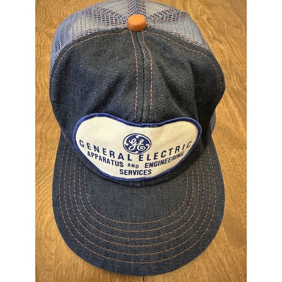 Vintage GE General Electric Denim Trucker Patch Hat Snapback 80s 90s Made In USA